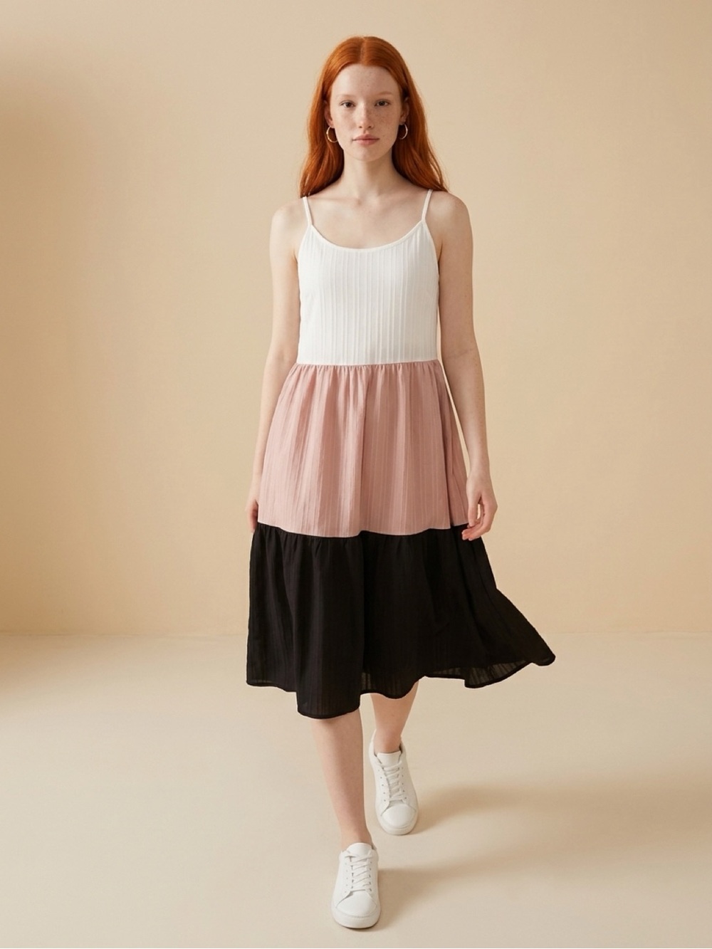 SHEIN White, Pink & Black Tiered Midi Dress